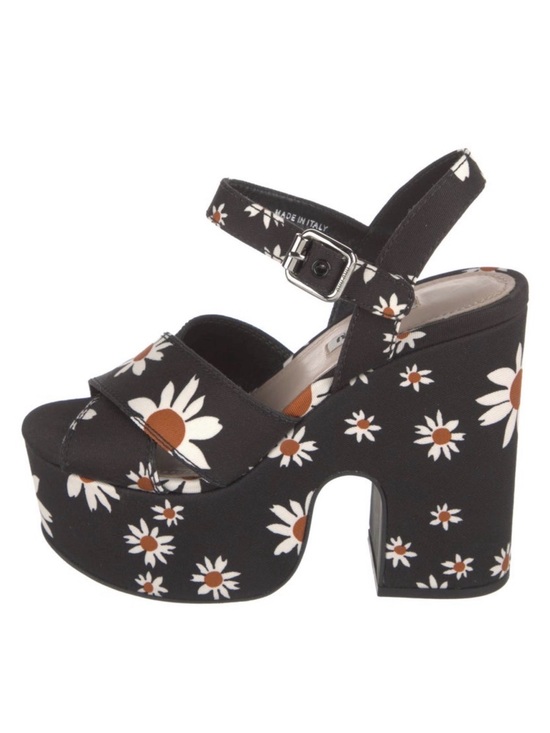 Shoes - Miu Miu Black Daisy Print Gabardine Chunky Platform Sandals IT 38 NWOB